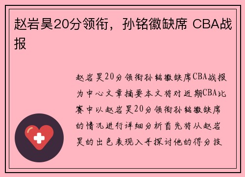 赵岩昊20分领衔，孙铭徽缺席 CBA战报